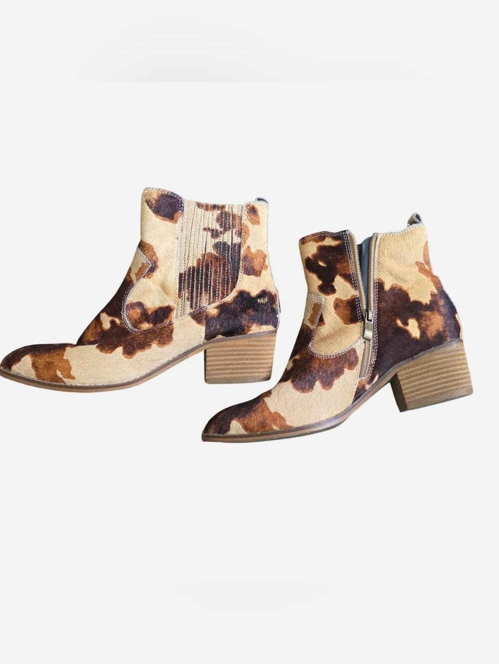 Cowhide Pattern Ankle Booties in Tan & Brown